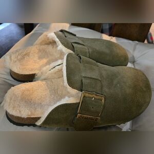 Womens Bearpaw Olive Green Suede Clogs
